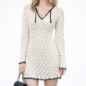Tory Burch open knit tunic sweater in cream and navy blue